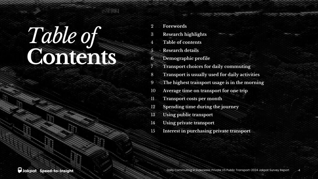 Table of Contents- Daily Commuting in Indonesia: Private VS Public Transport - 2024 Jakpat Survey Report